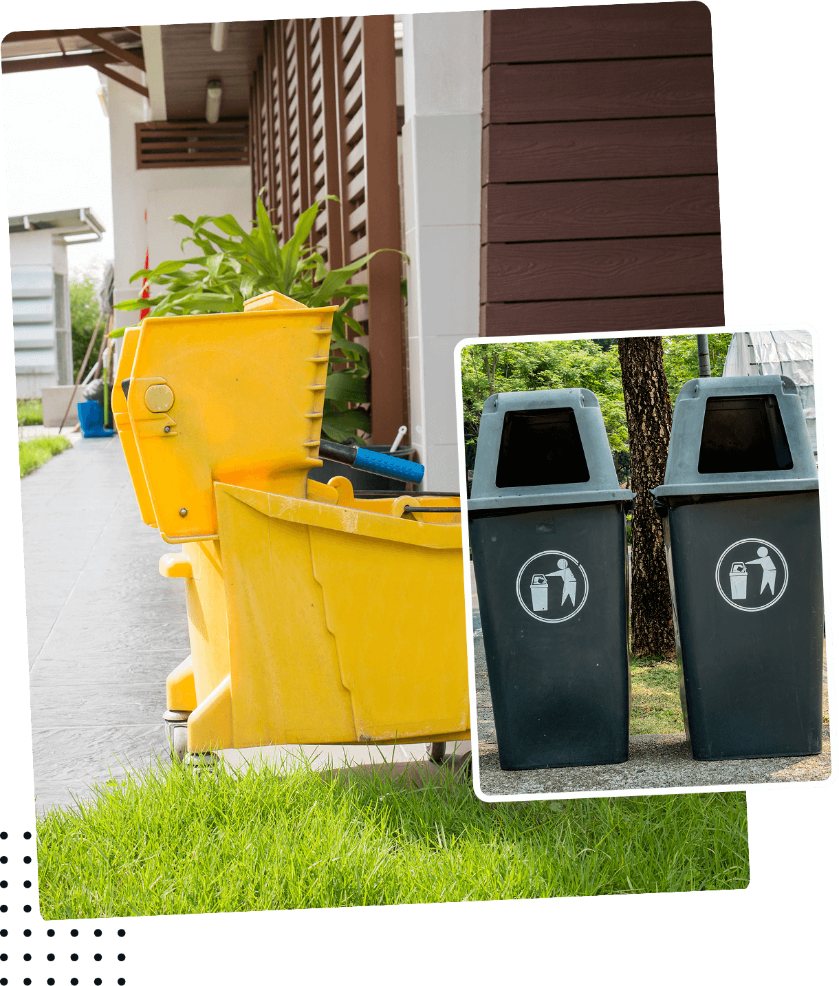 Yellow cleaning buckets and green trash bins.