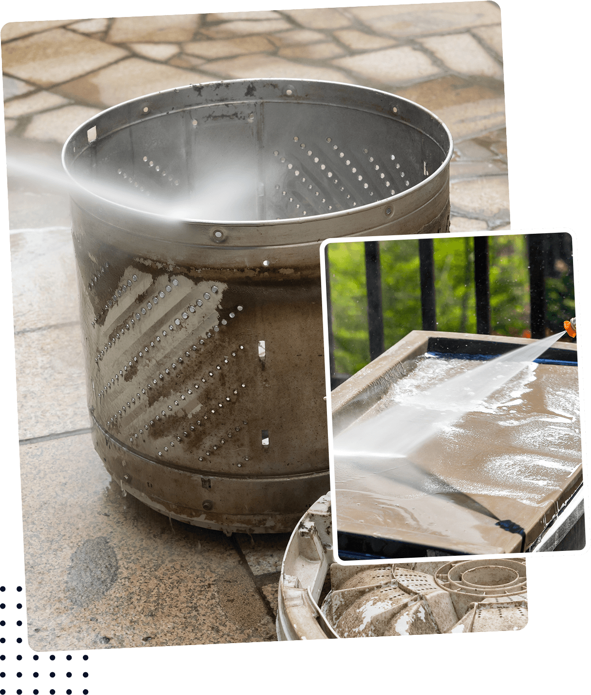 Pressure washing a washing machine drum.