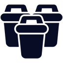 Three dark blue trash bin icons.